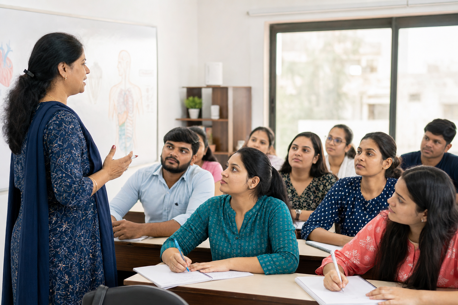 A nursing educator teaching exam candidates in a bright classroom